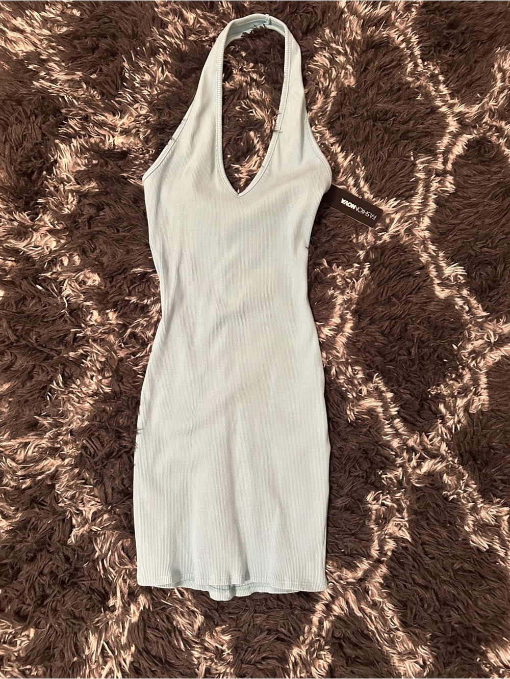 Fashion Nova Light Blue Ribbed Halter Mini Dress